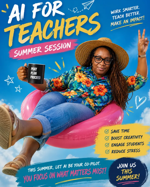 Joyful teacher in a tropical shirt and straw hat lounging on a pink pool float, holding a coffee mug — AI For Teachers Summer Session