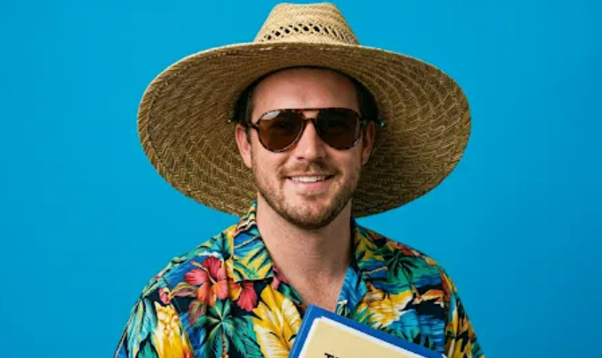 Smiling teacher in a tropical shirt and straw hat